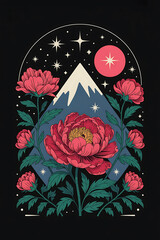 Pink peonies frame a mountain, stars and moon, a serene floral scene.
