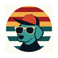 Dog in Cap and Sunglasses on Vintage Sunset
