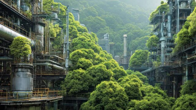 Industrial factory morphing into a lush green forest, symbolizing sustainable transformation