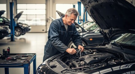 A smiling mechanic works on a car engine with the hood open in a garage setting.