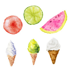 a group of different ice creams and fruit