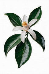 White flower with green leaves, isolated on white.

