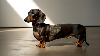 Dachshund wearing a vest, standing alert.
