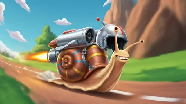 Cartoon snail with a rocket backpack racing on a track with a vibrant landscape in the background