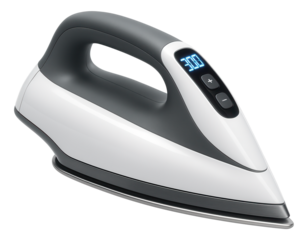 A digital iron with an LED temperature display for precise fabric care in a contemporary apartment.