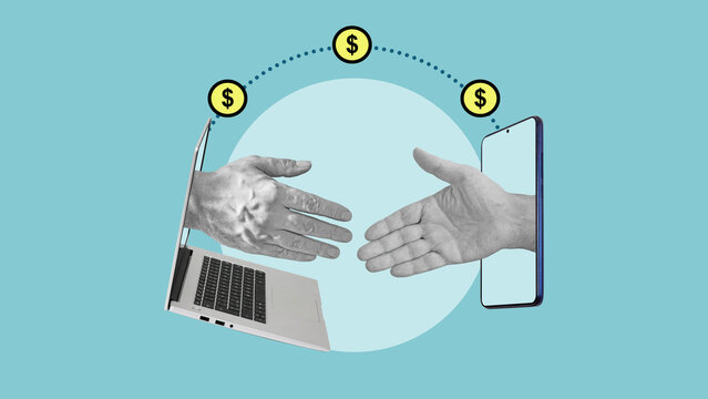 Online banking and payments or Modern bank technology in business is shown by transaction between partners from a laptop and a smartphone