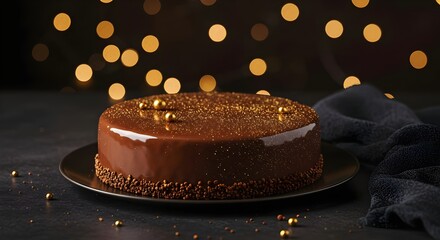 Chocolate cake with golden glitter on a dark surface.Elegant chocolate cake featuring a rich glaze and festive gold dusting, ideal for special occasions