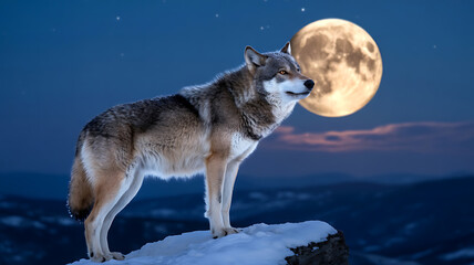Fototapeta premium Lone wolf on snowy peak, full moon above. 