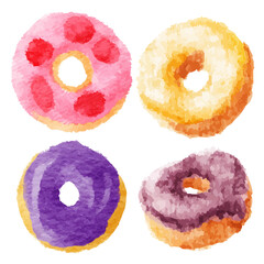 a group of four donuts with different colors