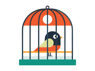 Cute cartoon bird sitting inside a colorful birdcage on a perch with a white background
