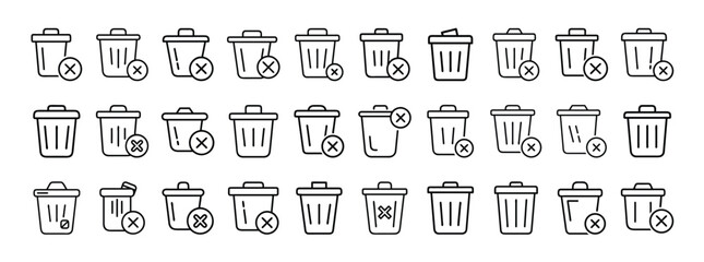 Trash bin, delete, remove file, garbage can minimal thin line web icon set. Outline icons collection. Simple vector illustration.