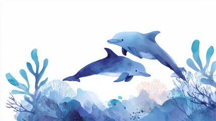 Vector illustration of a pair of dolphins in the ocean, watercolor paint.