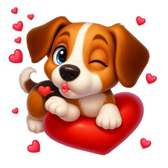 Cute beagle lying on a heart and sending an air kiss, Valentine's Day theme, for greeting cards and children's illustrations