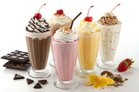 milkshakes--various-flavors-drink, glass, milk, cocktail, cream, food, chocolate, cold.