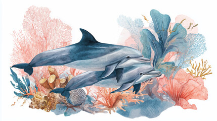 Vector illustration of a pair of dolphins in the ocean, watercolor paint.