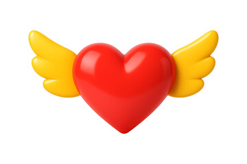 Red 3D Heart with Yellow Wings Isolated on a Transparent Background
