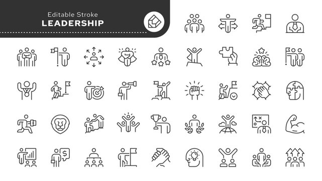 Leadership line icon set. Leader, responsibility, delegation, lead, influence, authority, influential person, team leader and more. Outline icon in linear style. Vector collection.	