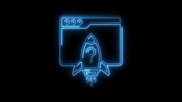 Blue neon rocket launching from web browser startup digital innovation animation