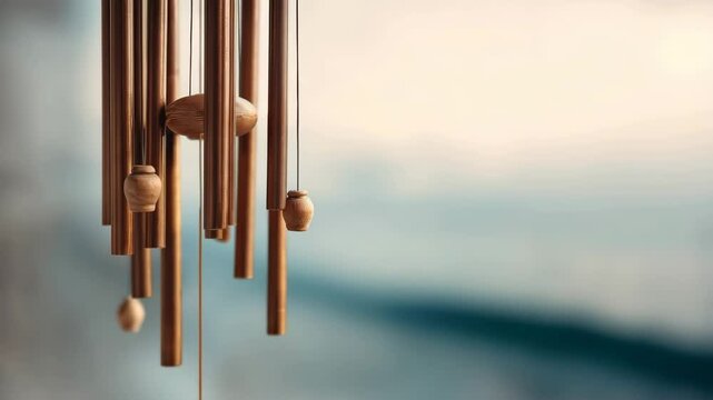 White wooden wind chimes isolated with blue sky