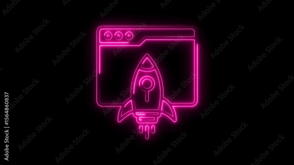 Poster neon startup rocket launching from browser window on black background digital animation