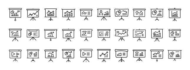 Business presentation, chart, analytics, data report minimal thin line web icon set. Outline icons collection. Simple vector illustration.