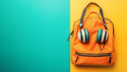 Orange Backpack Headphones on Teal and Yellow Background