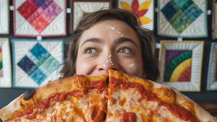 Woman joyfully holds pizza slices in front of face.
