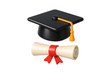 3D Graduation Cap with Diploma Scroll Icon Isolated on a Transparent Background