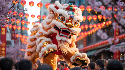 Fototapeta premium A golden lion dance costume, amidst festive red decorations. 