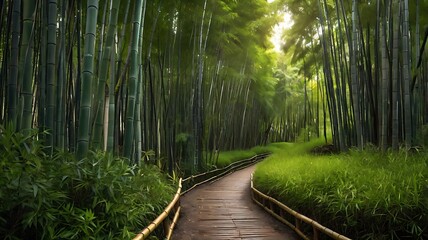 A wooden pathway winds through a lush bamboo forest with sunlight filtering through the tall green stalks