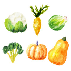 a painting of vegetables and fruits on a white background