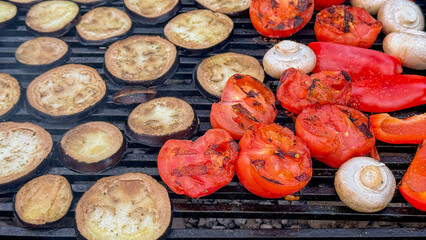 Grilled aubergine and smoky tomato symphony, vegetarian solstice celebration, farmer's market...