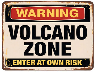 old rusty and cracked metal plate with the text warning volcano zone, enter at own risk, retro sign, danger warning sign,  keep out