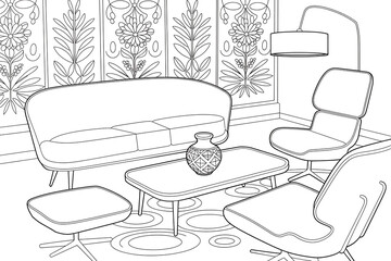 Modern living room, with sofa, chairs, and coffee table.
