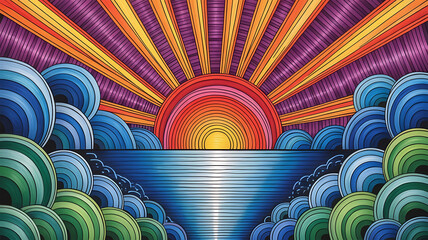 Sunrise over a vibrant, colorful sea. A vibrant, abstract sunrise.
