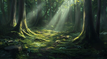 Forest with moss-covered soil and sunbeams filtering through the trees