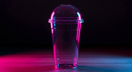 Vibrant plastic tumbler against a dark background Sleek, empty plastic cup glowing with vibrant blue and pink neon light, ideal for futuristic product photography."