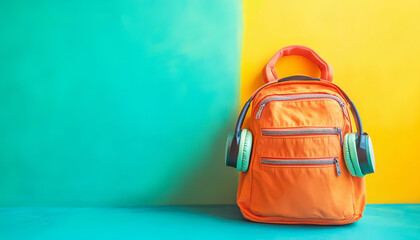 Orange Backpack Headphones on Teal and Yellow Background