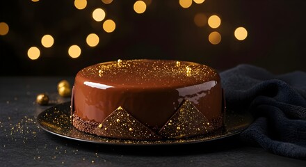 Chocolate cake with golden glitter on a dark surface.Festive, elegant chocolate cake with gold edible glitter, capturing a luxurious celebratory mood