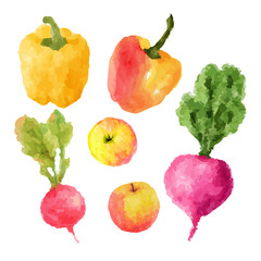 a painting of vegetables and fruits on a white background