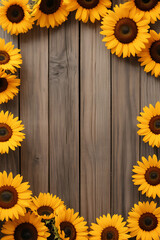 Sunflowers frame a rustic wooden background.
