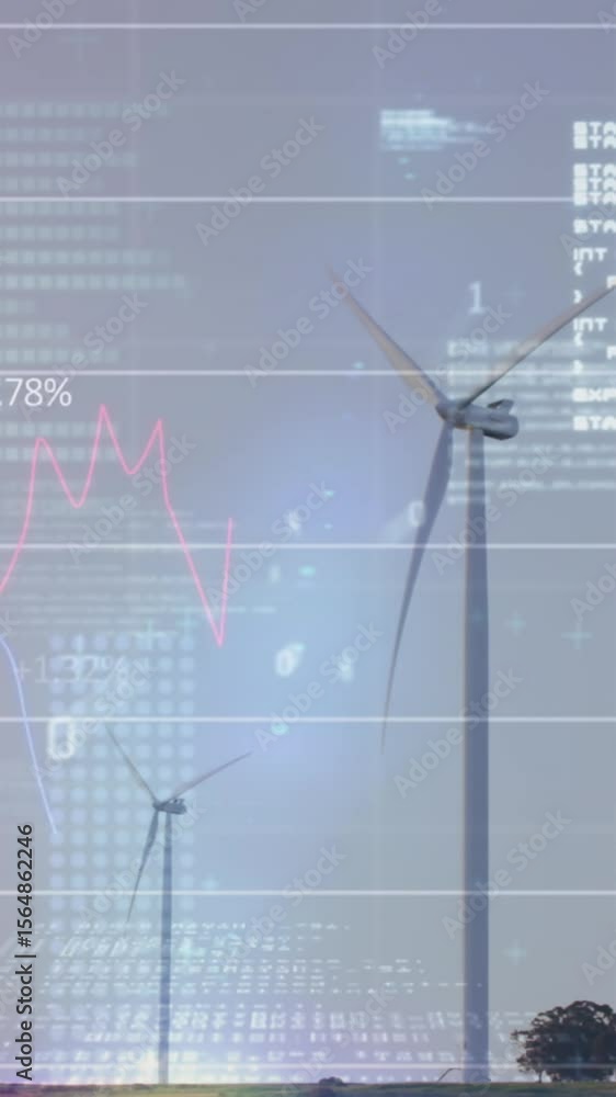 Poster animation of graphs, binary codes and computer language over windmills against sky