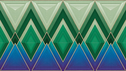 Geometric pattern of layered triangles in shades of green, teal, and blue.
