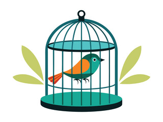 Stylized teal bird with orange chest sits inside a modern teal birdcage with green leaves
