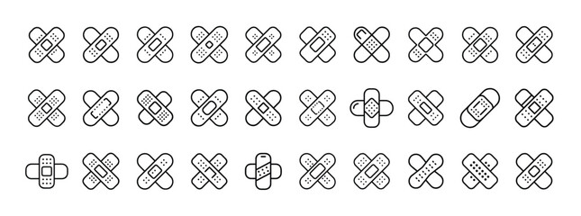 Bandage, medical plaster, wound care minimal thin line web icon set. Outline icons collection. Simple vector illustration.