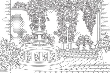 Ornate fountain in a garden courtyard, surrounded by flowers and vines.
