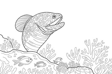 Eel in coral reef, detailed line art.
