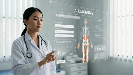  Female doctor interacting with a holographic AI diagnosis interface, displaying patient symptoms and suggested treatments, symbolizing advanced medical technology and healthcare innovation - Powered by Adobe