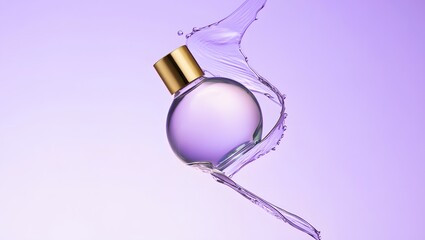 Elegant round glass perfume bottle with a golden cap splashes through dynamic purple water against a soft gradient background