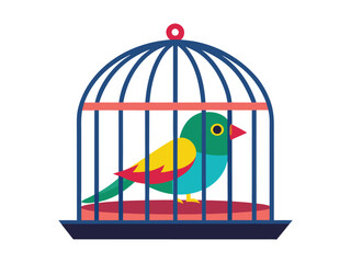 Cute colorful cartoon bird sitting inside a blue cage with red perch and white background
